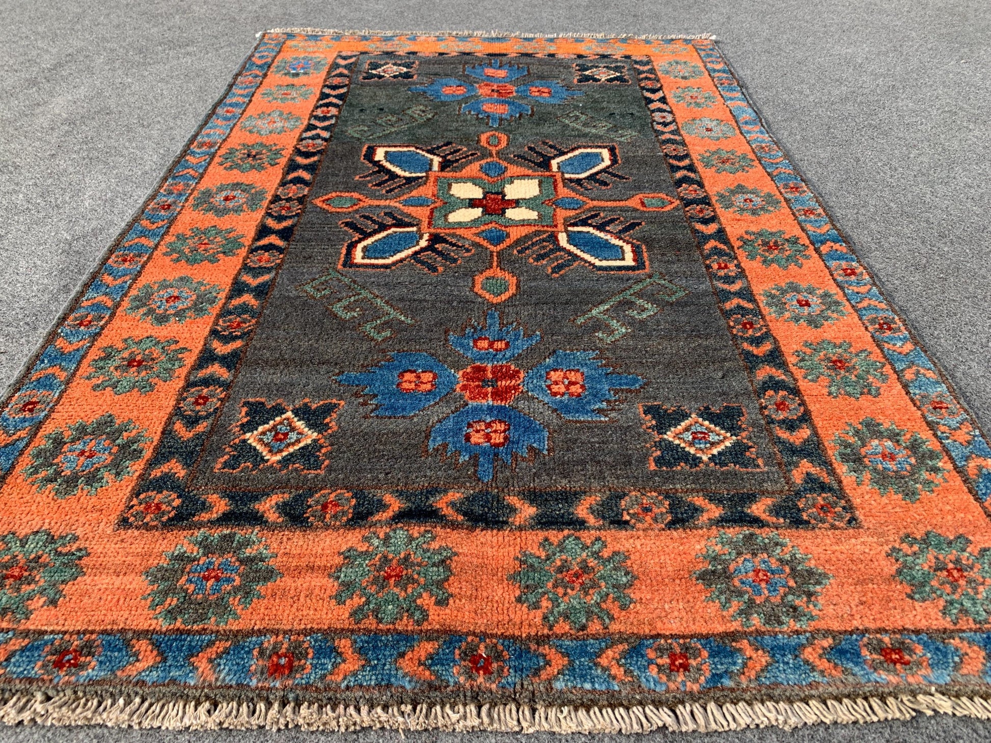 3x4 ft Grey Afghan Rug Handmade Kazak Wool Rug, Tribal Geometric Rug, Peshawari Kazak Rug, Traditional Turkmen Rug Entryway Bedroom Rug etc.