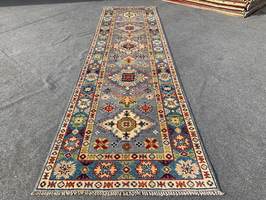 Kazak Runner Rug 3x10 ft Afghan Handmade Wool Runner Rug, Geometric Rug, Peshawari Kazak Rug, Tribal Turkmen Rug Bedroom Hallway Runner Rug.