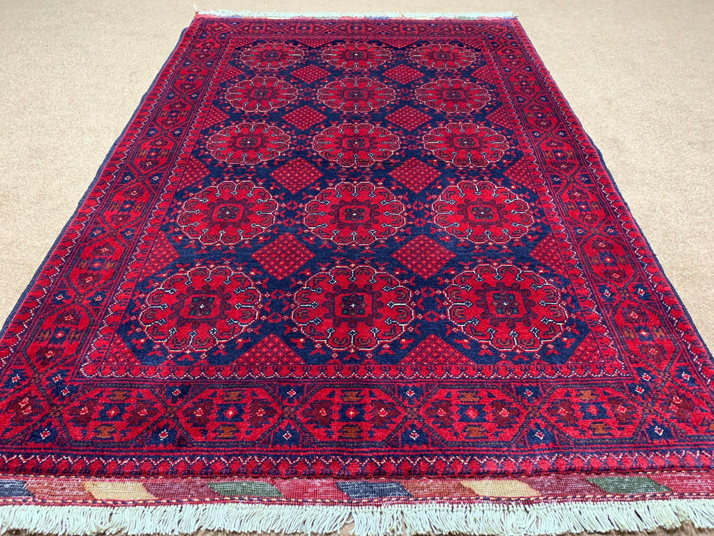 Floral Vintage Kunduzi Design Khal Muhammadi Rug 3x5 Handmade Afghan Wool Area Rug, Turkmen Oriental Rug, 100x150 cm Bedroom Rug Office Rug.