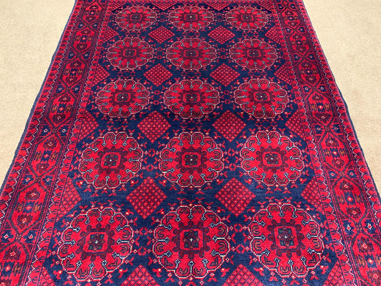 Floral Vintage Kunduzi Design Khal Muhammadi Rug 3x5 Handmade Afghan Wool Area Rug, Turkmen Oriental Rug, 100x150 cm Bedroom Rug Office Rug.