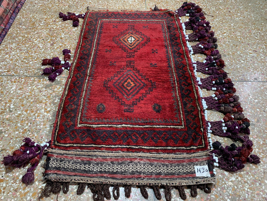 2x4 ft Vintage Balisht Rug, Afghan Handmade Wool Rug, Oriental Antique Rug, Turkmen Geometric Rug, Tribal Cushion Cover, Small Entryway Rug.