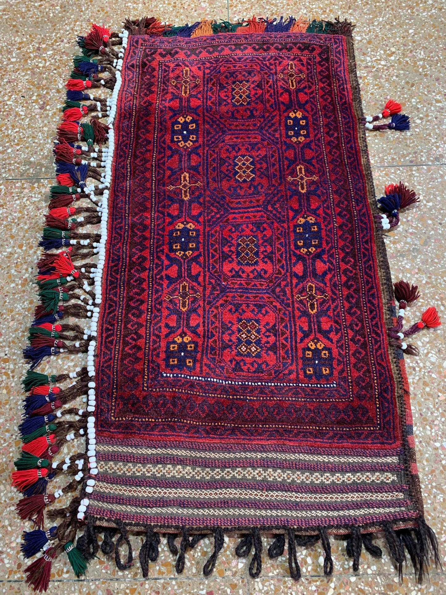 Vintage Tekke Design Rug 2x5 ft Handmade Afghan Wool Rug, Oriental Antique Rug, Turkmen Balisht Rug Tribal Cushion Cover Small Entryway Rug.