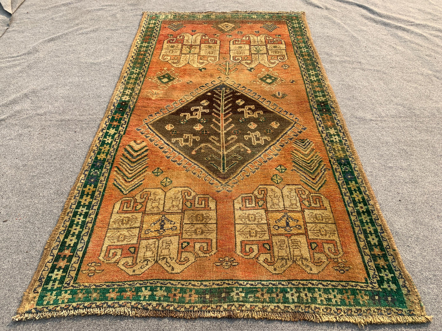 4x7 ft Vintage Afghan Rug Handmade Wool Rug, Collectors Piece Rug Antique Low Pile Rug, Turkmen Tribal Oriental Rug Kitchen Rug Bedroom Rug.