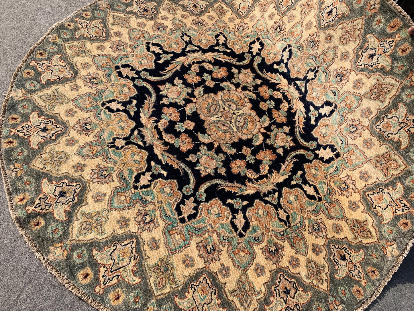 Black Beige Round Chobi Rug 6x6 ft Afghan Handmade Natural Wool Rug, Floral Chobi Rug, Home Decor Rug, Oriental Turkmen Rug Table Round Rug.