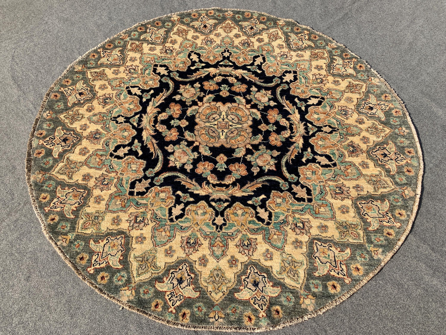 Black Beige Round Chobi Rug 6x6 ft Afghan Handmade Natural Wool Rug, Floral Chobi Rug, Home Decor Rug, Oriental Turkmen Rug Table Round Rug.