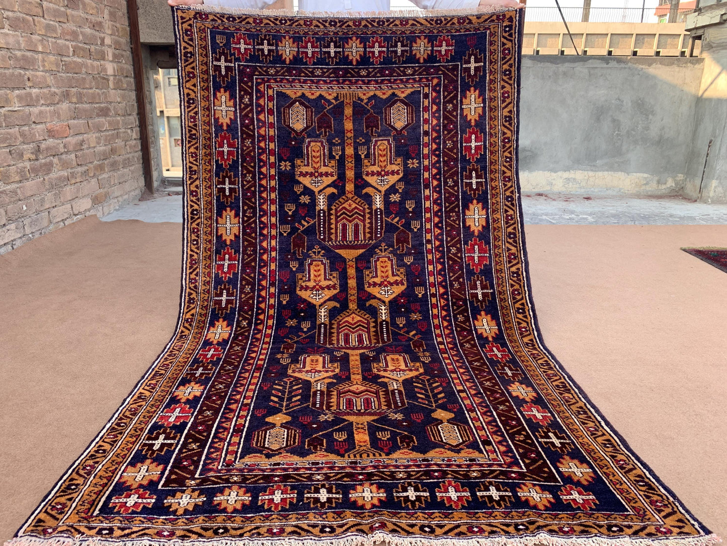 Navy Blue Vintage Rug 4x6 ft Handmade Afghan Wool Rug, Herati Baluchi Rug Geometric Floral Rug, Oriental Tribal Rug Bedroom Rug Kitchen Rug.