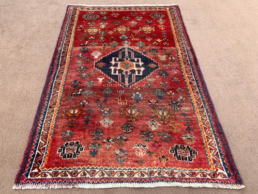 Vintage Afghan Rug 3x4 ft Handmade Wool Rug Caucasian design rug Pictorial Floral Rug Antique High Low Pile Rug Oriental Tribal Kitchen Rug.