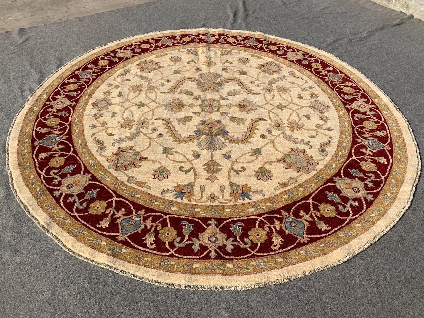 Beige Dark Red Round Chobi Rug 8x8 ft Handmade Turkmen Wool Rug Natural Floral Chobi Rug Oriental Afghan Rug Home Decor Rug Round Table Rug.