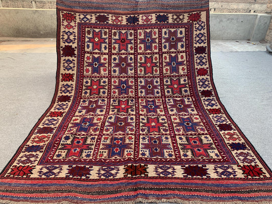 6x8 ft Vintage Berjesta Kilim Rug Afghan Handmade Wool Rug, Nokar design Rug Herati Berjesta Rug High Low Pile Rug Oriental Rug Bedroom Rug.