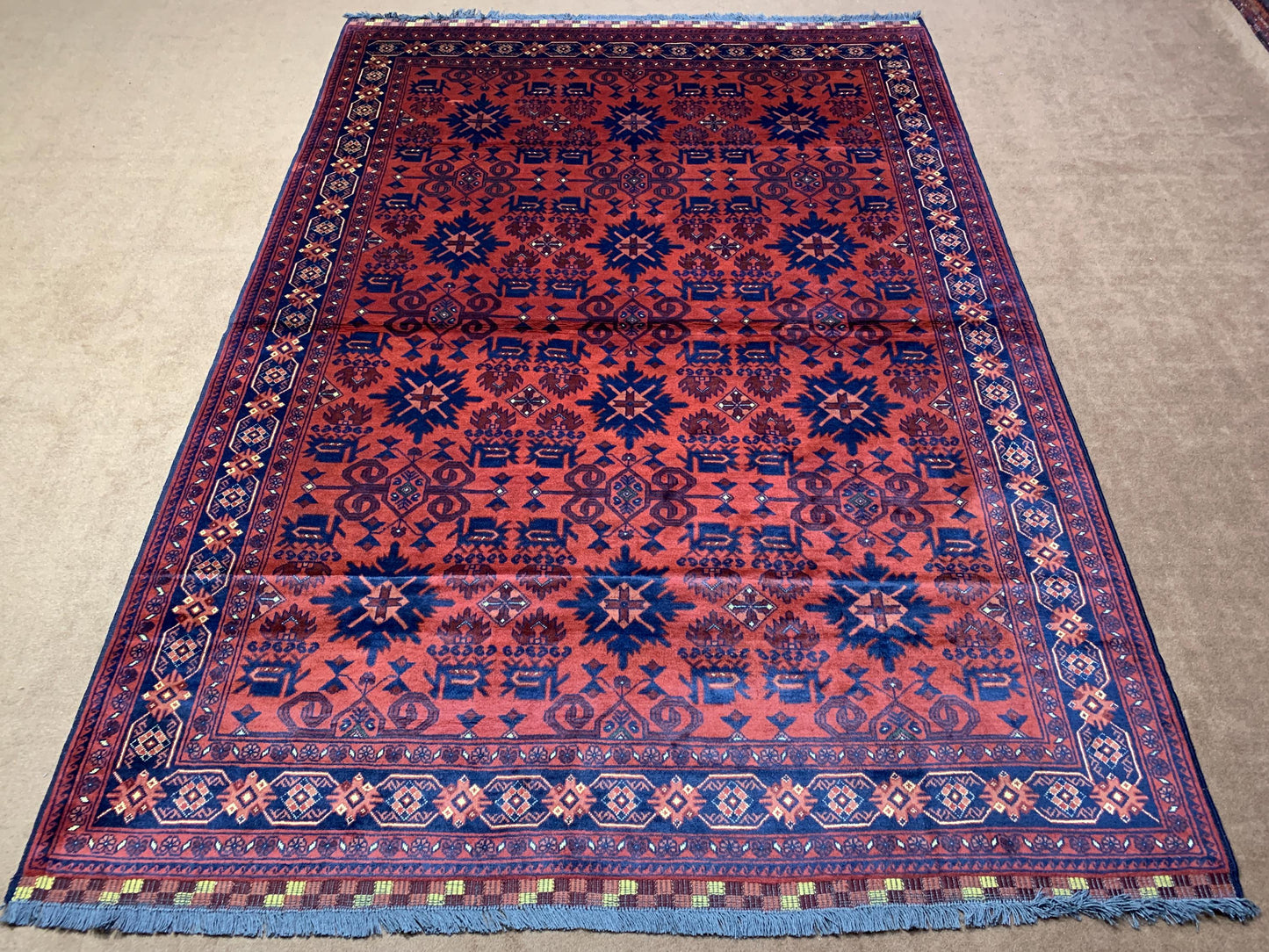 7x10 Vintage Afghan Rug Handmade Wool Rug, Bukhara design Khal Muhammadi Rug,, Oriental Khamyab Rug 6.11x9.5 ft Bedroom Rug Living Room Rug.