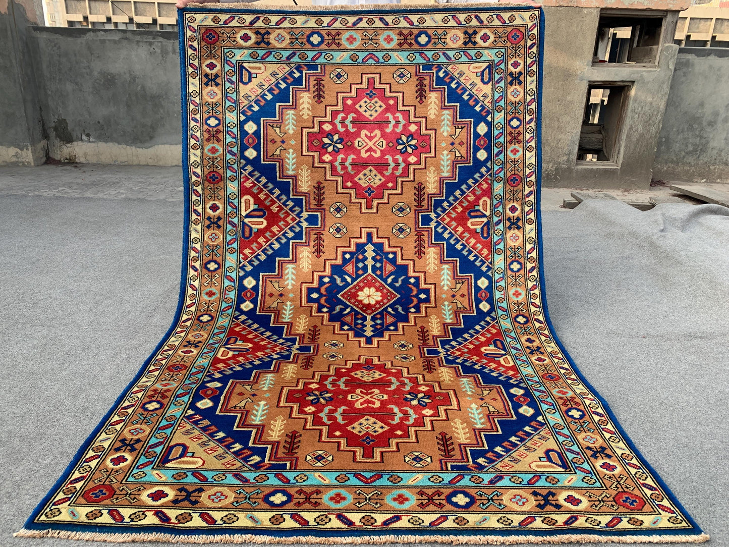 Blue Camel Afghan Rug 4x6 ft Handmade Wool Rug, Geometric Area Rug, Peshawari Kazak Rug, Tribal Turkmen Rug, Home Decor Rug Bedroom Rug etc.