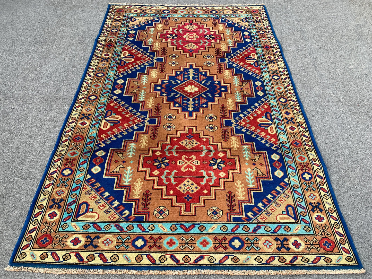 Blue Camel Afghan Rug 4x6 ft Handmade Wool Rug, Geometric Area Rug, Peshawari Kazak Rug, Tribal Turkmen Rug, Home Decor Rug Bedroom Rug etc.