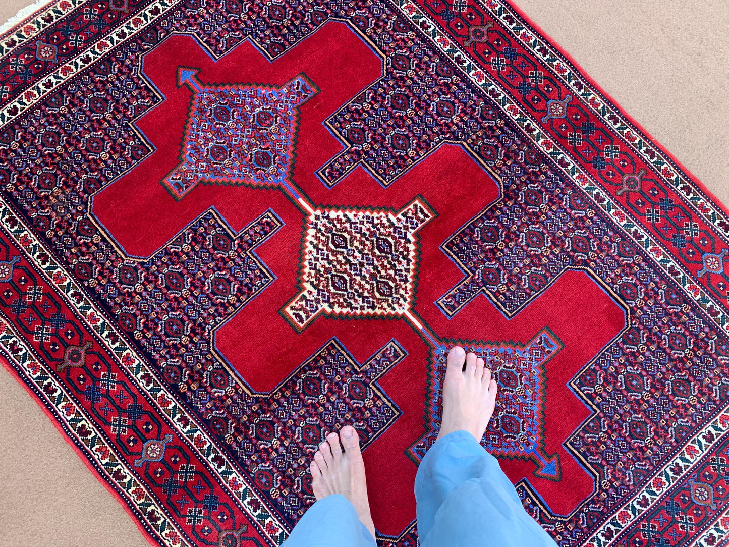 Vintage Heriz Rug 4x6 ft Handmade Red Rug Oriental Wool Rug, Tribal Afghan Rug One of Kind Rug Heriz design Rug, Antique Bedroom Office Rug.