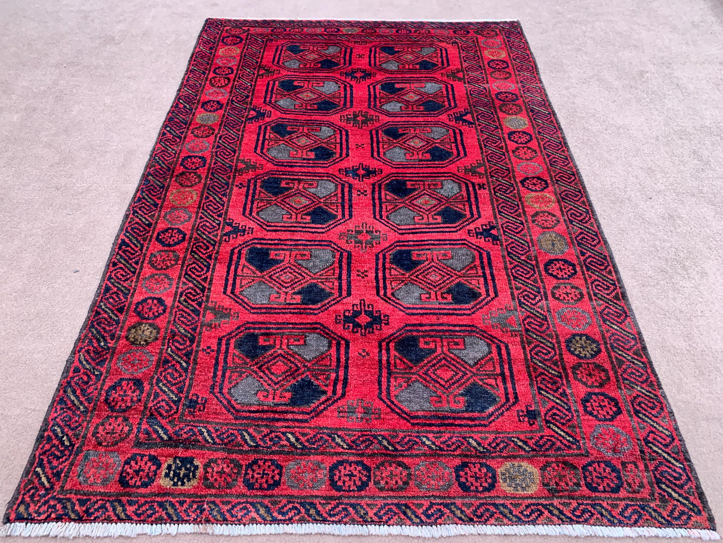 Vintage Tekke Rug 4x6 ft Handmade Afghan Rug Tekke design Baluchi Rug Tribal Turkmen Rug Oriental Wool Area Rug Antique Kitchen Bedroom Rug.