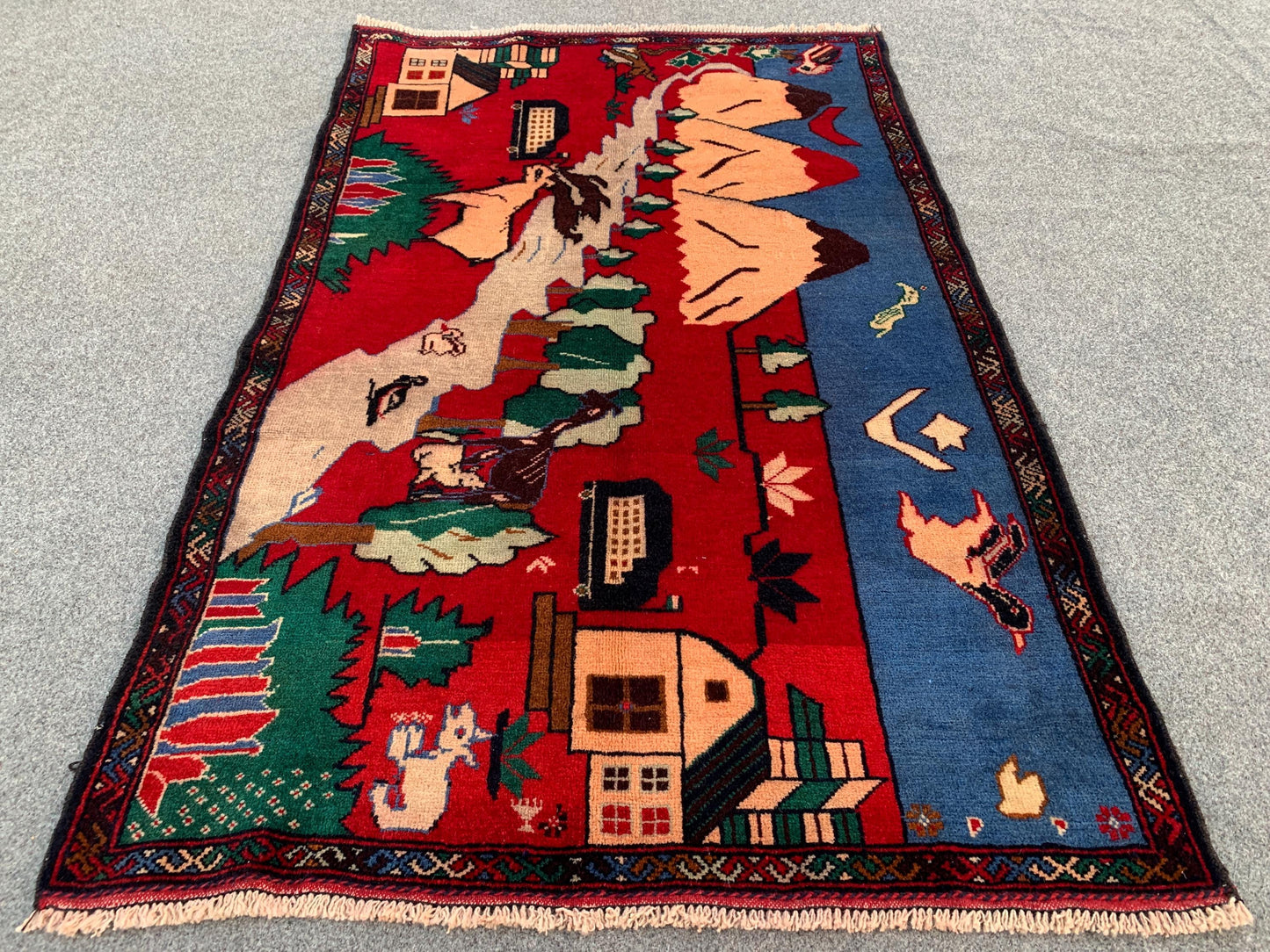 Pictorial Vintage Rug 3x4 ft Handmade Afghan Rug Herati Baluchi Rug House Trees Animal Rug Rug Oriental Wool Rug Wall Hanging Kids Room Rug.