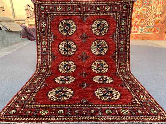 Red Chobi Rug 4x6 ft Handmade Afghan Rug Turkmen Tekke design Rug, Natural dyes Rug Oriental Wool Area Rug Entryway Rug Kitchen Bedroom Rug.