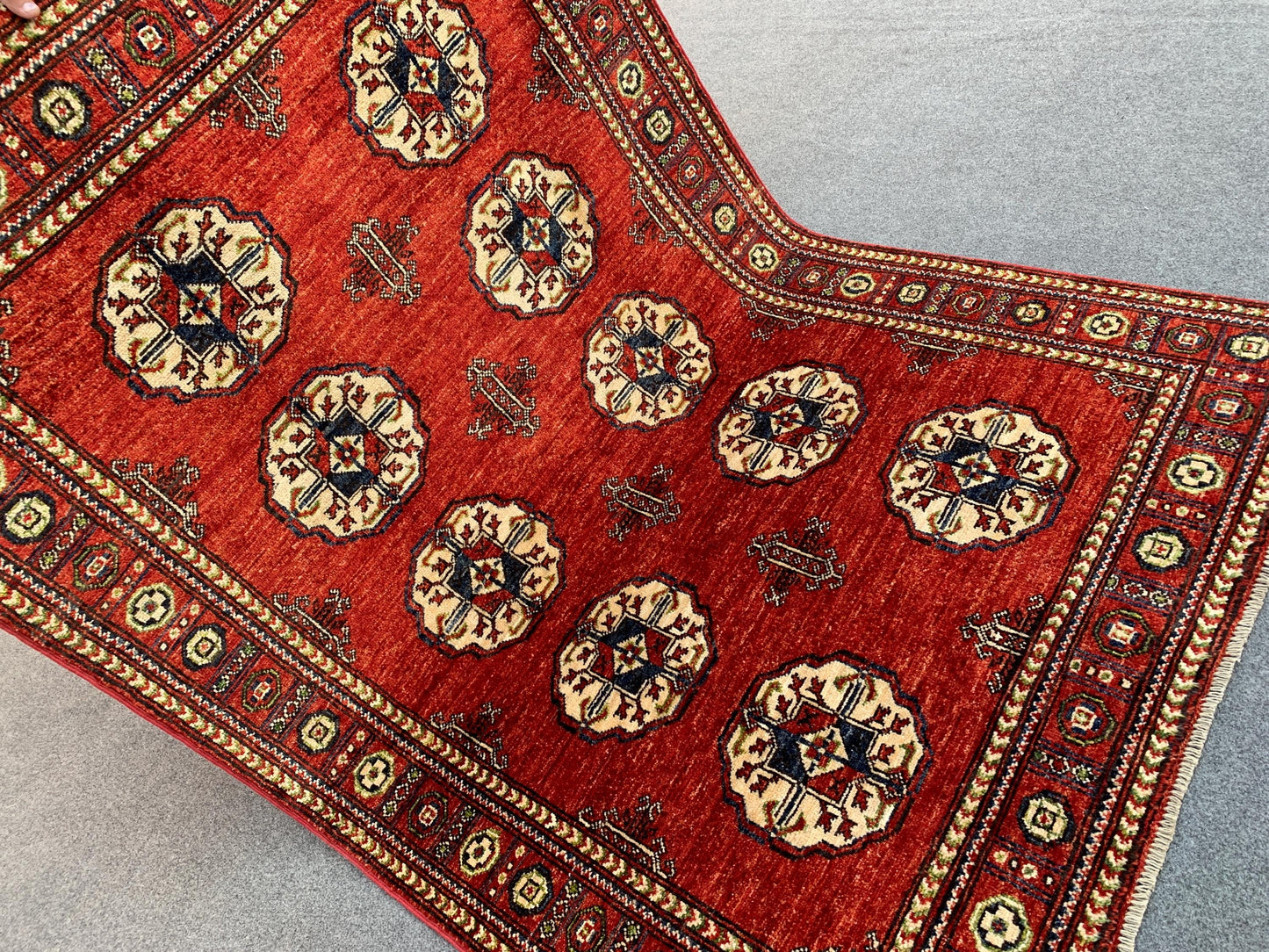 Red Chobi Rug 4x6 ft Handmade Afghan Rug Turkmen Tekke design Rug, Natural dyes Rug Oriental Wool Area Rug Entryway Rug Kitchen Bedroom Rug.