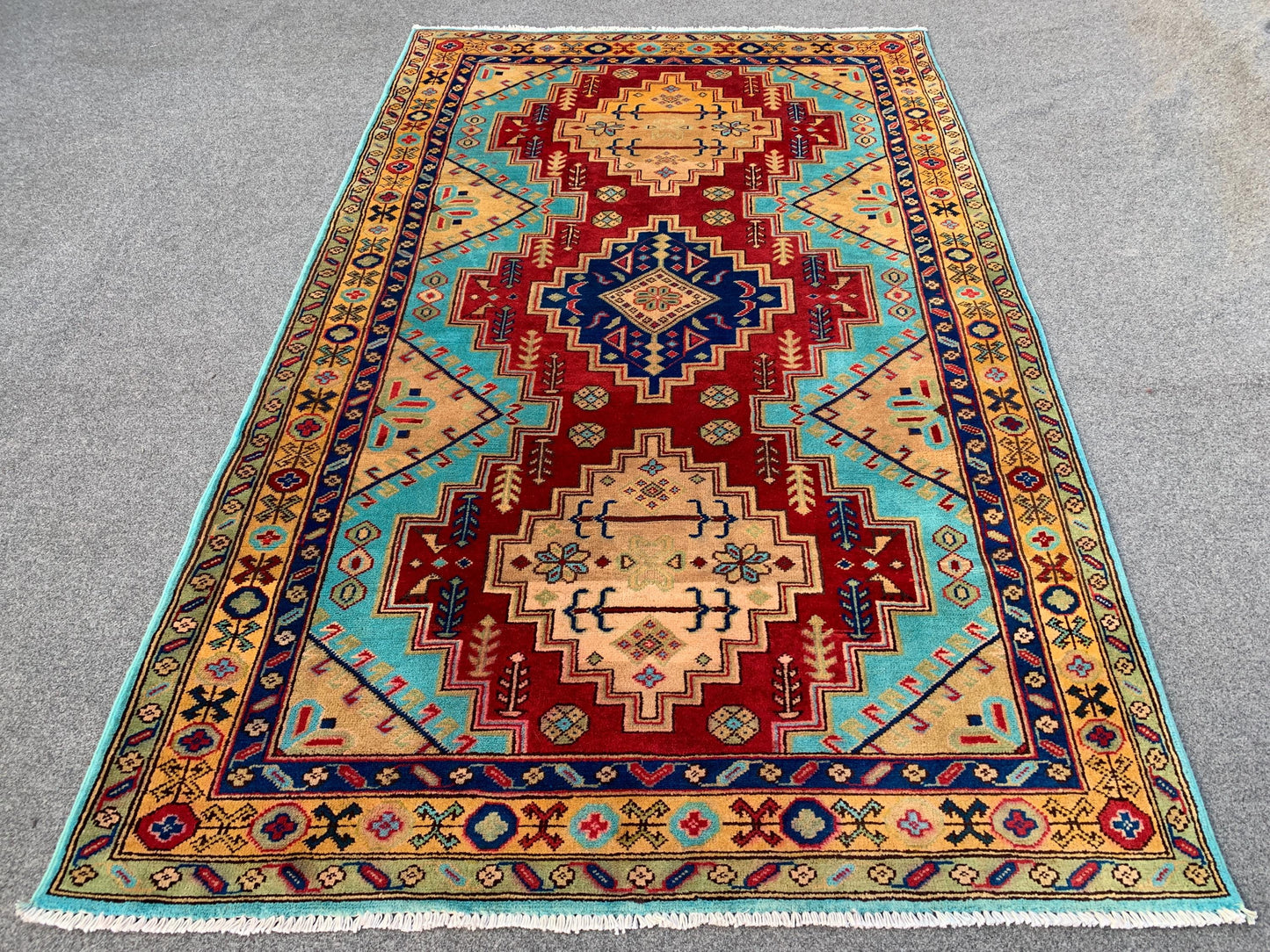 Afghan Handmade Wool Rug 4x6 ft Geometric Area Rug Peshawari Kazak Rug, Turkmen tribal Rug Soft Pile Rug Home Decor Rug Kitchen Bedroom Rug.