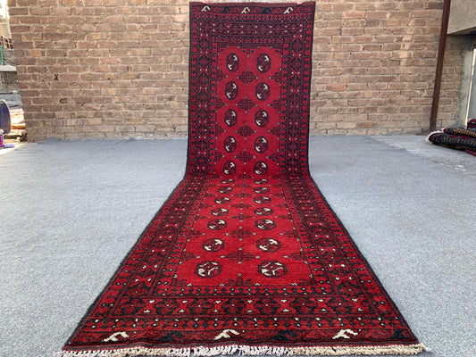 3x9 Red Aqcha Runner Rug Handmade Afghan Rug, Mowri design Aqcha Rug, Oriental Wool Rug High Pile Rug Hallway Runner Rug Kitchen Runner Rug.