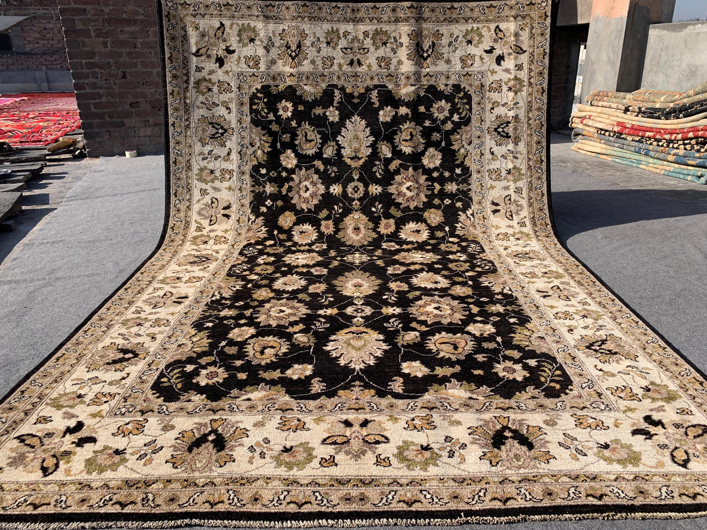 Black Beige Afghan Chobi Rug 7x10 Handmade Turkmen Rug, Floral Chobi Rug, Oriental Wool Area Rug 6.6x9.10 ft Living Room Rug Bedroom Rug etc