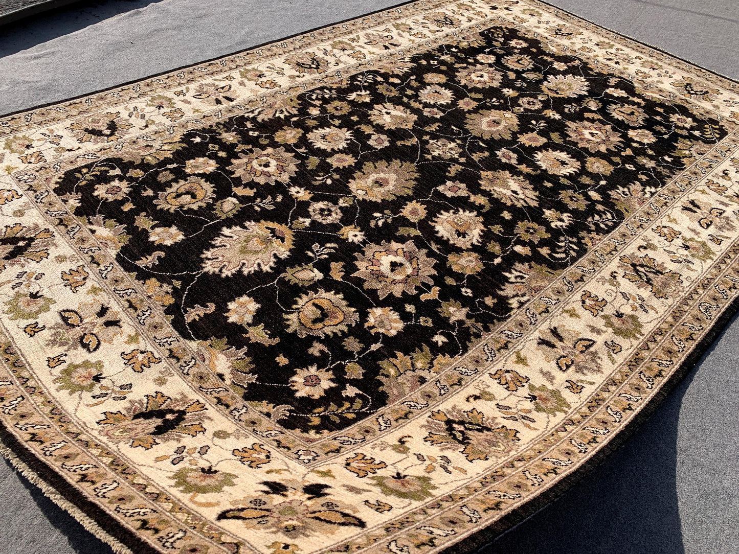 Black Beige Afghan Chobi Rug 7x10 Handmade Turkmen Rug, Floral Chobi Rug, Oriental Wool Area Rug 6.6x9.10 ft Living Room Rug Bedroom Rug etc