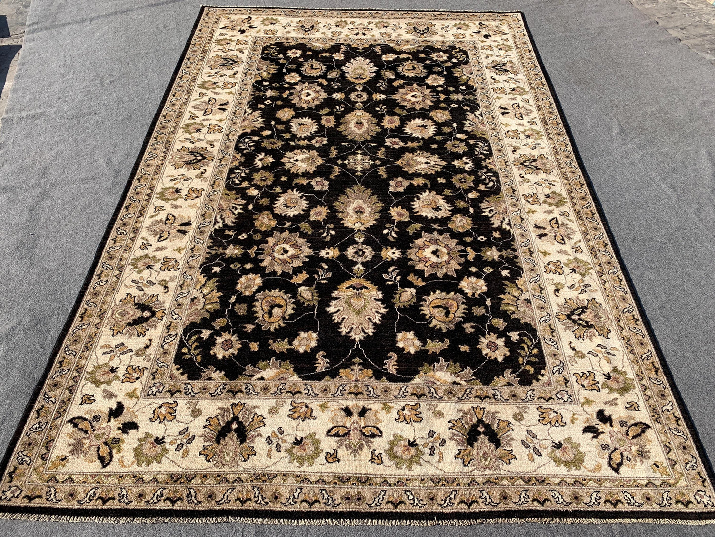 Black Beige Afghan Chobi Rug 7x10 Handmade Turkmen Rug, Floral Chobi Rug, Oriental Wool Area Rug 6.6x9.10 ft Living Room Rug Bedroom Rug etc