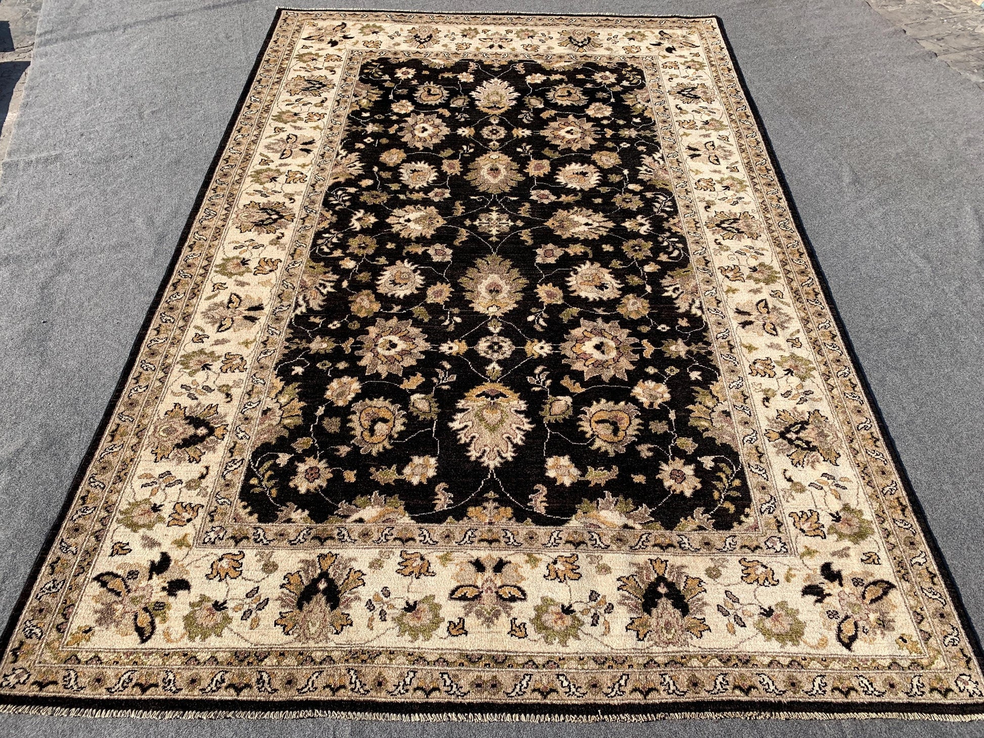 Black Beige Afghan Chobi Rug 7x10 Handmade Turkmen Rug, Floral Chobi Rug, Oriental Wool Area Rug 6.6x9.10 ft Living Room Rug Bedroom Rug etc