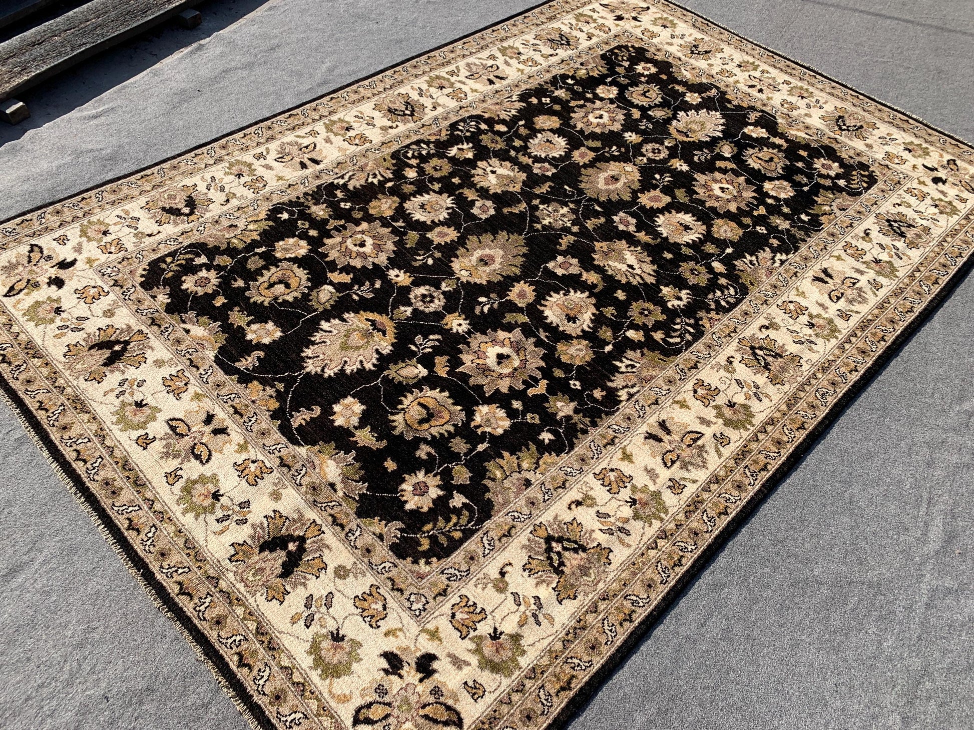 Black Beige Afghan Chobi Rug 7x10 Handmade Turkmen Rug, Floral Chobi Rug, Oriental Wool Area Rug 6.6x9.10 ft Living Room Rug Bedroom Rug etc