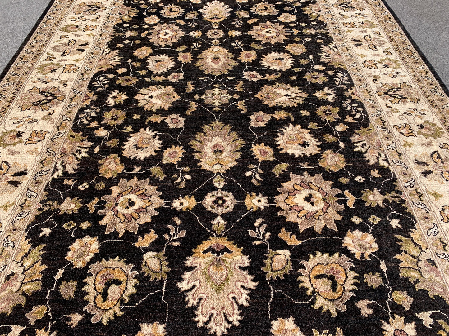 Black Beige Afghan Chobi Rug 7x10 Handmade Turkmen Rug, Floral Chobi Rug, Oriental Wool Area Rug 6.6x9.10 ft Living Room Rug Bedroom Rug etc