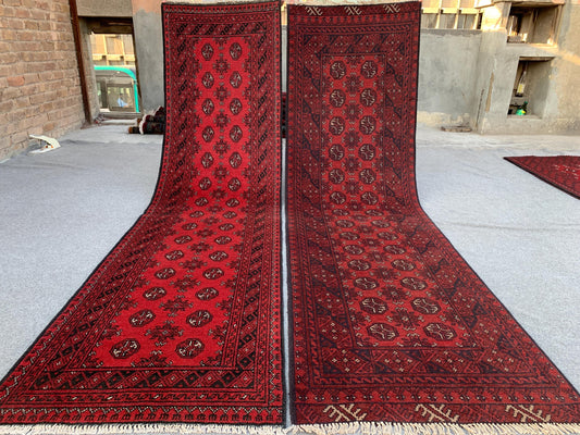 3x9 ft Set of 2 Pieces Aqcha Runner Rug, Handmade Afghan Rug, Mowri design Aqcha Rug, Oriental Wool Rug High Pile Rug Hallway Runner Rug etc