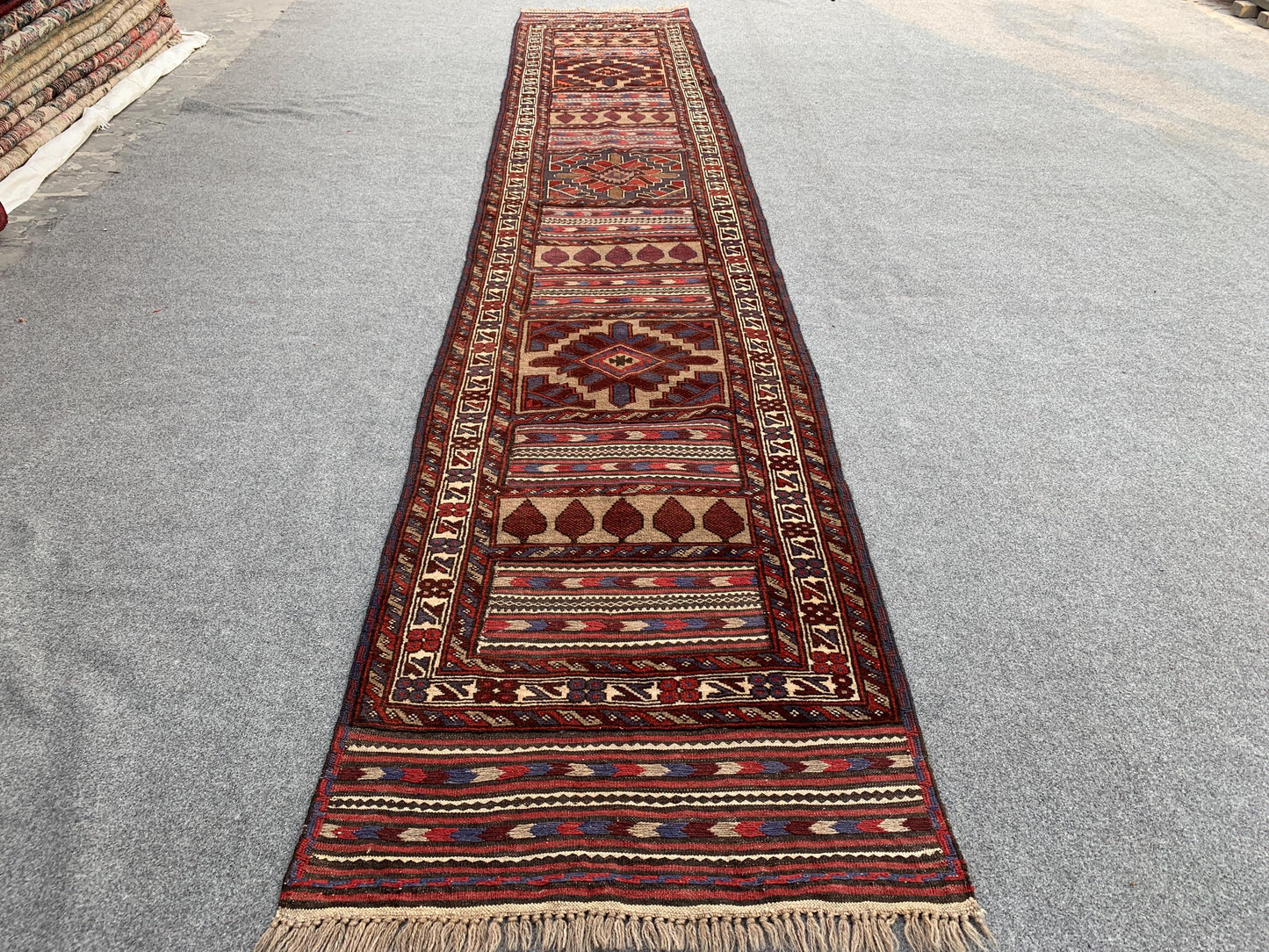 2x12 Afghan Vintage Runner Kilim Rug Handmade Turkmen Rug, Herati Barjasta Kilim Rug High Low Pile Rug Oriental Wool Rug Hallway Runner Rug.