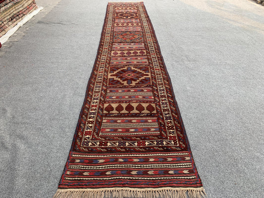 2x12 Afghan Vintage Runner Kilim Rug Handmade Turkmen Rug, Herati Barjasta Kilim Rug High Low Pile Rug Oriental Wool Rug Hallway Runner Rug.