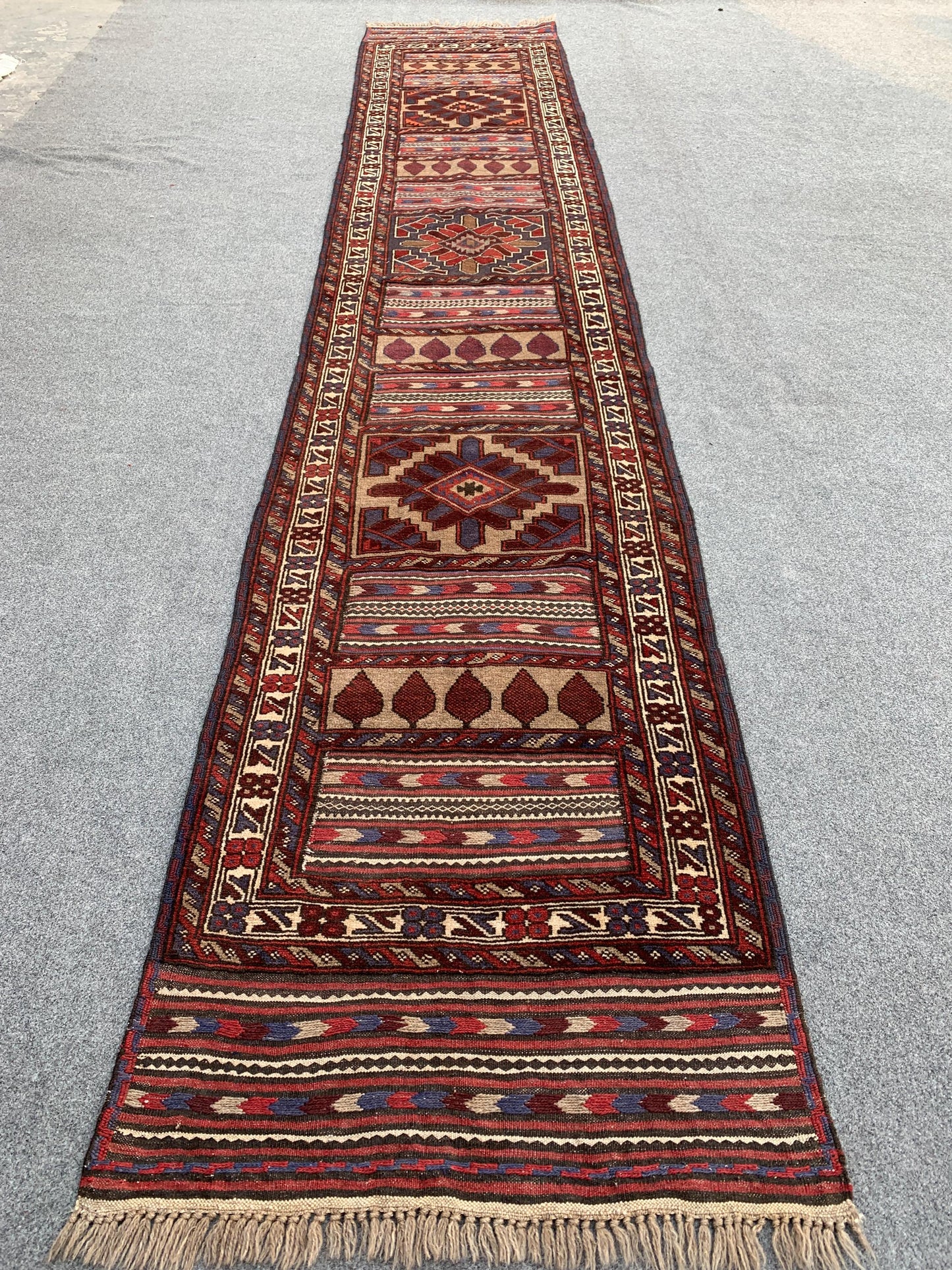 2x12 Afghan Vintage Runner Kilim Rug Handmade Turkmen Rug, Herati Barjasta Kilim Rug High Low Pile Rug Oriental Wool Rug Hallway Runner Rug.