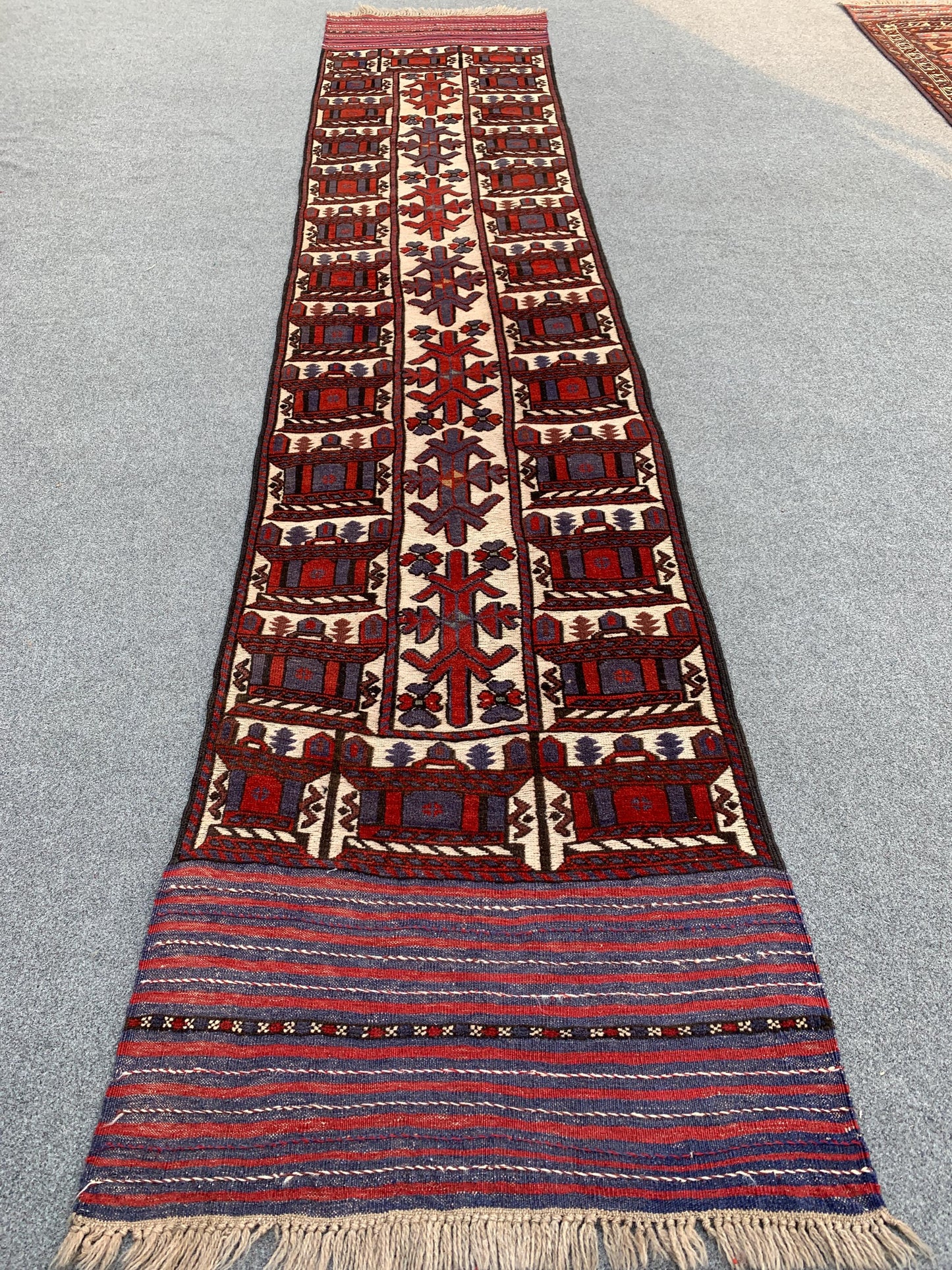 Vintage Runner Kilim Rug 2x12 Afghan Handmade Wool Kilim Rug Herati Barjasta Kilim Rug Geometric High Low Pile Kilim Rug Hallway Runner Rug.