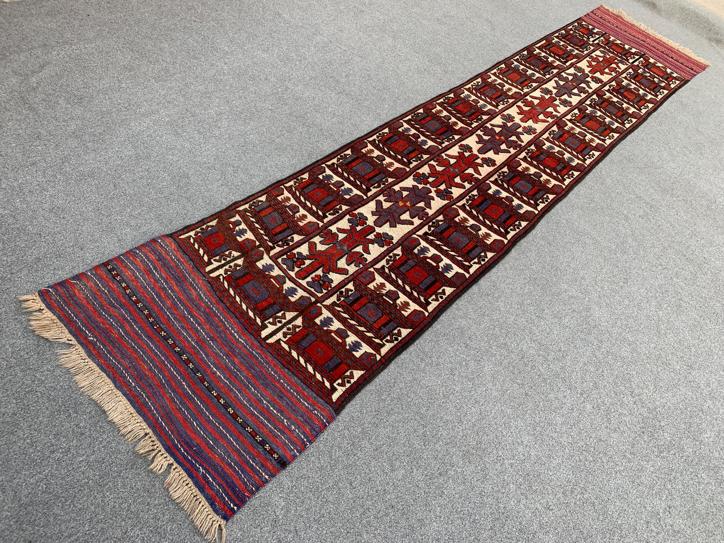 Vintage Runner Kilim Rug 2x12 Afghan Handmade Wool Kilim Rug Herati Barjasta Kilim Rug Geometric High Low Pile Kilim Rug Hallway Runner Rug.