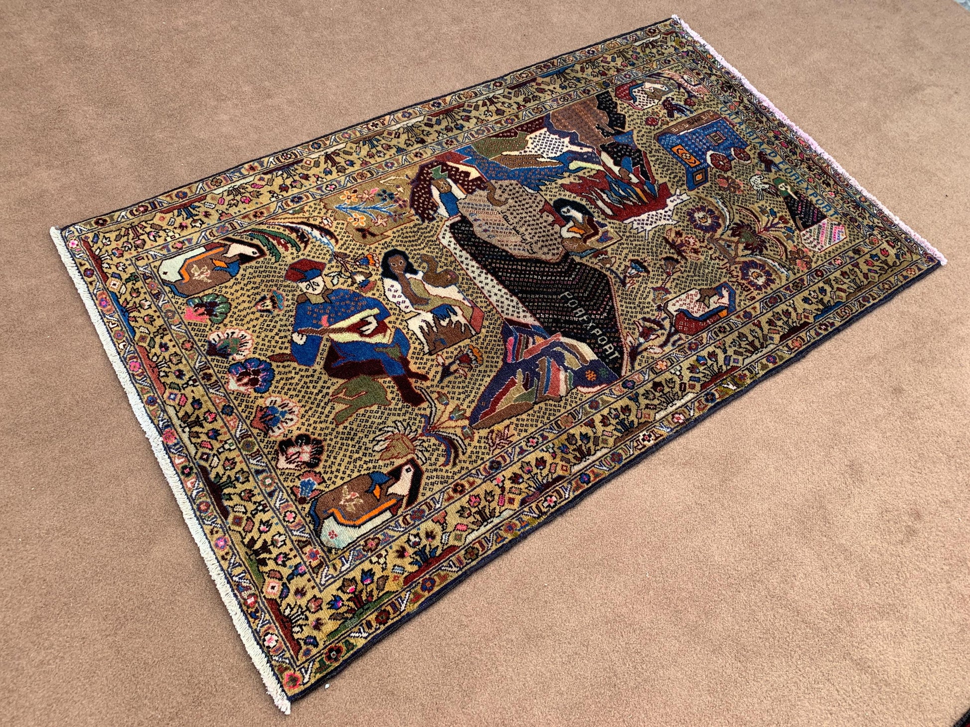 3x5 ft Pictorial Antique Rug 100% Handmade Afghan Rug, Herati Baluchi Rug, Vintage Pictorial Rug Oriental Wool Rug Bedroom Wall Hanging Rug.