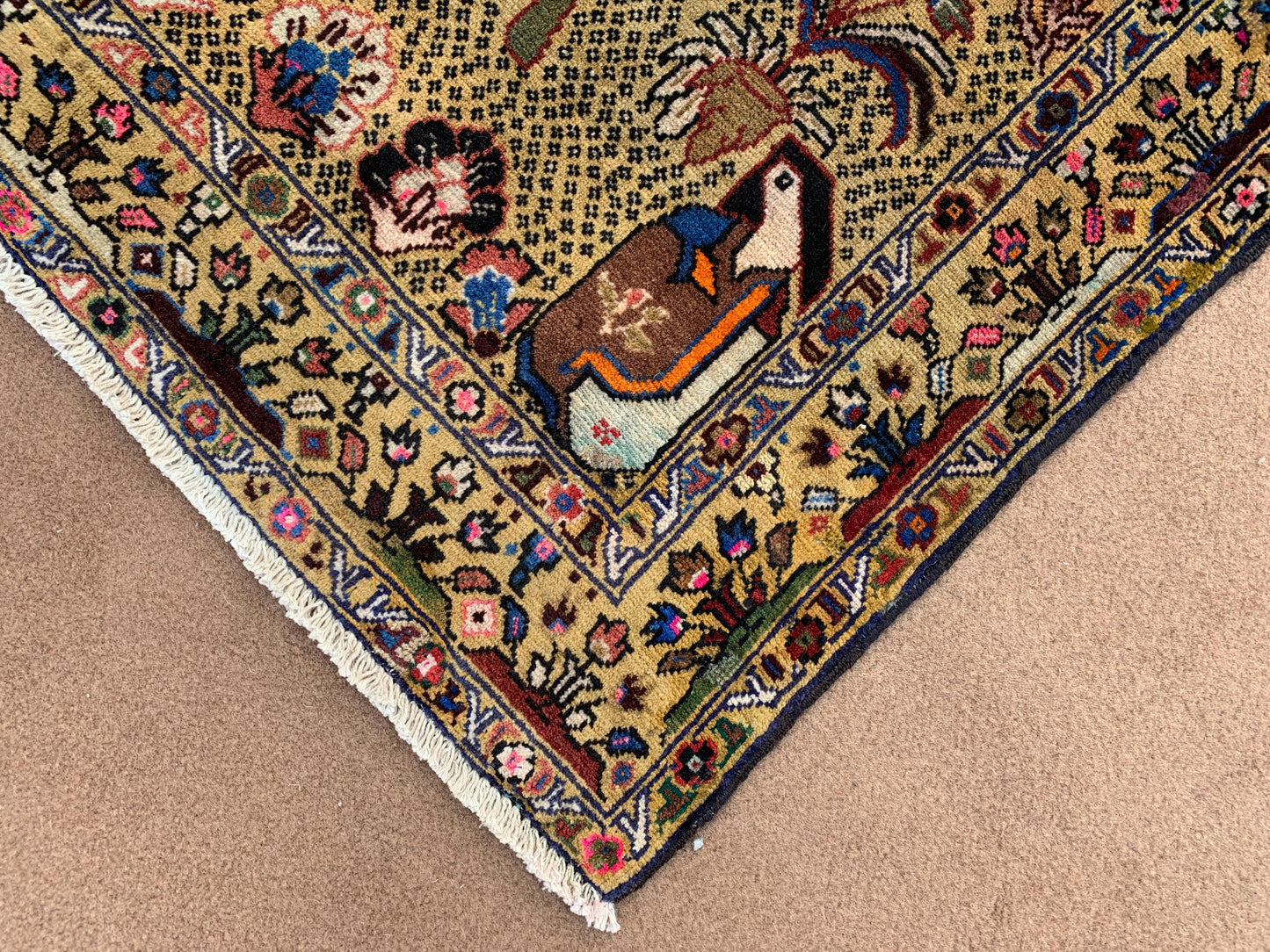 3x5 ft Pictorial Antique Rug 100% Handmade Afghan Rug, Herati Baluchi Rug, Vintage Pictorial Rug Oriental Wool Rug Bedroom Wall Hanging Rug.