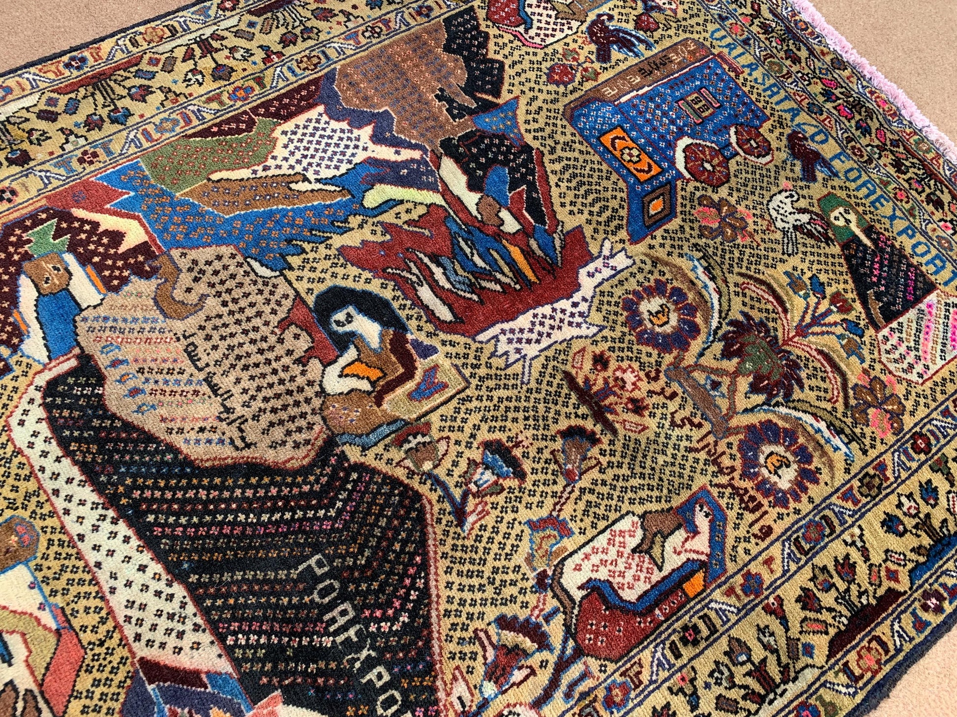 3x5 ft Pictorial Antique Rug 100% Handmade Afghan Rug, Herati Baluchi Rug, Vintage Pictorial Rug Oriental Wool Rug Bedroom Wall Hanging Rug.