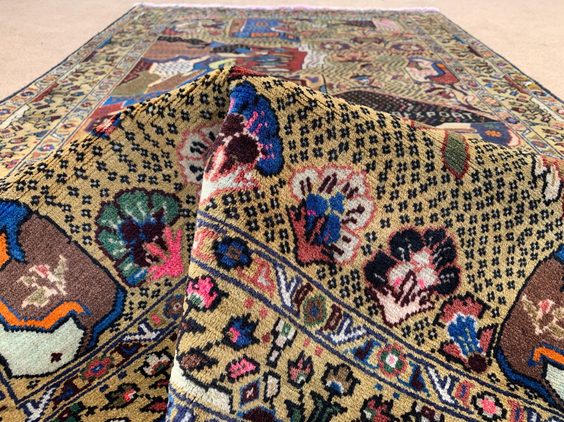 3x5 ft Pictorial Antique Rug 100% Handmade Afghan Rug, Herati Baluchi Rug, Vintage Pictorial Rug Oriental Wool Rug Bedroom Wall Hanging Rug.