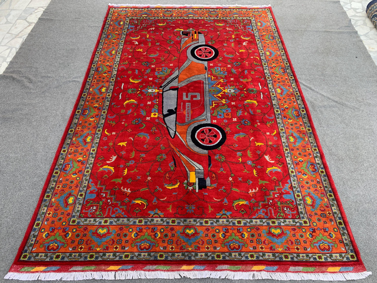 New Red Pictorial Rug 7x10 Handmade Afghan Wool Rug Racing Car design Rug Floral Trees Rug Home Decor Rug Living Room Bedroom Car Decor Rug.