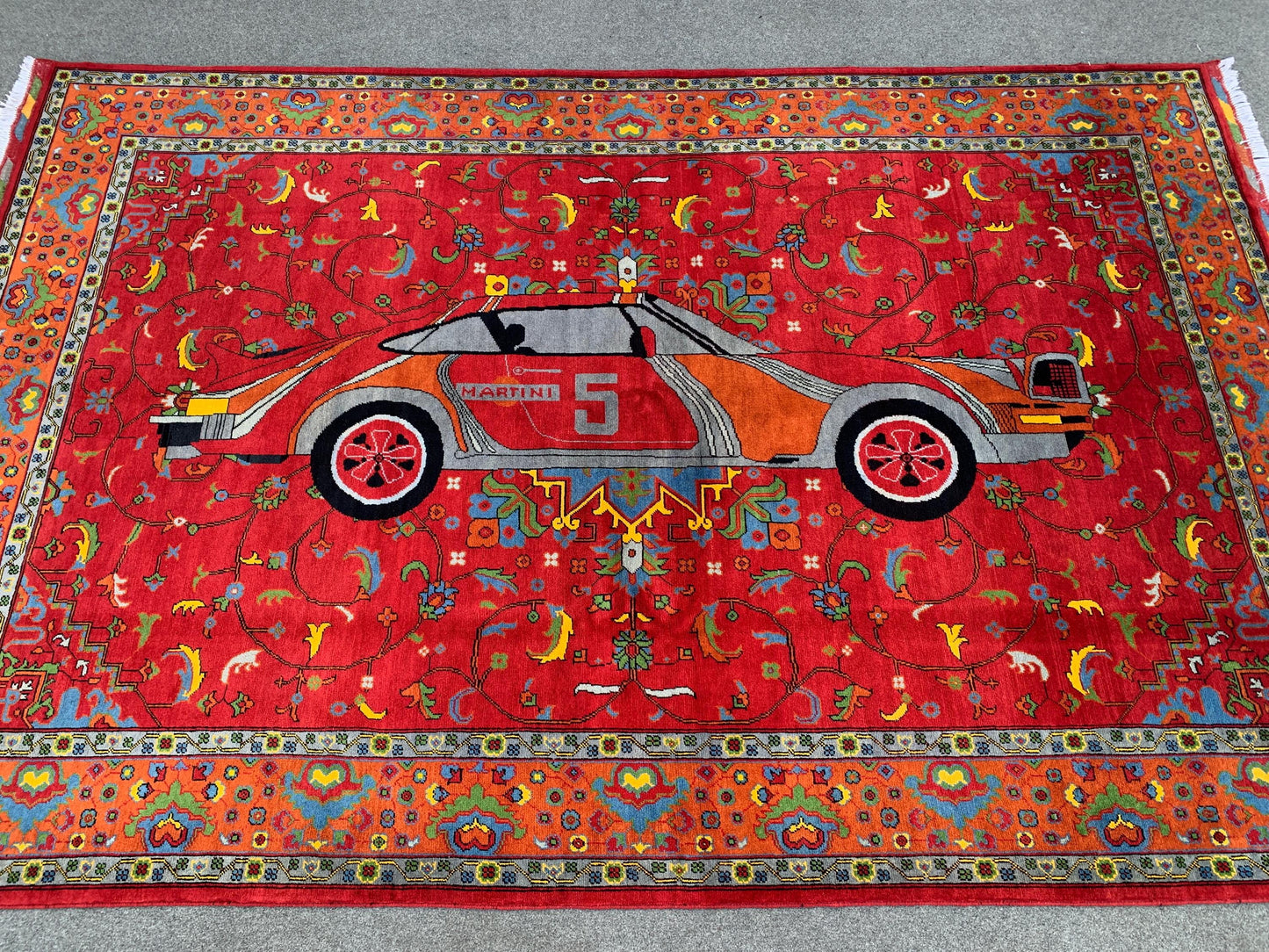 New Red Pictorial Rug 7x10 Handmade Afghan Wool Rug Racing Car design Rug Floral Trees Rug Home Decor Rug Living Room Bedroom Car Decor Rug.