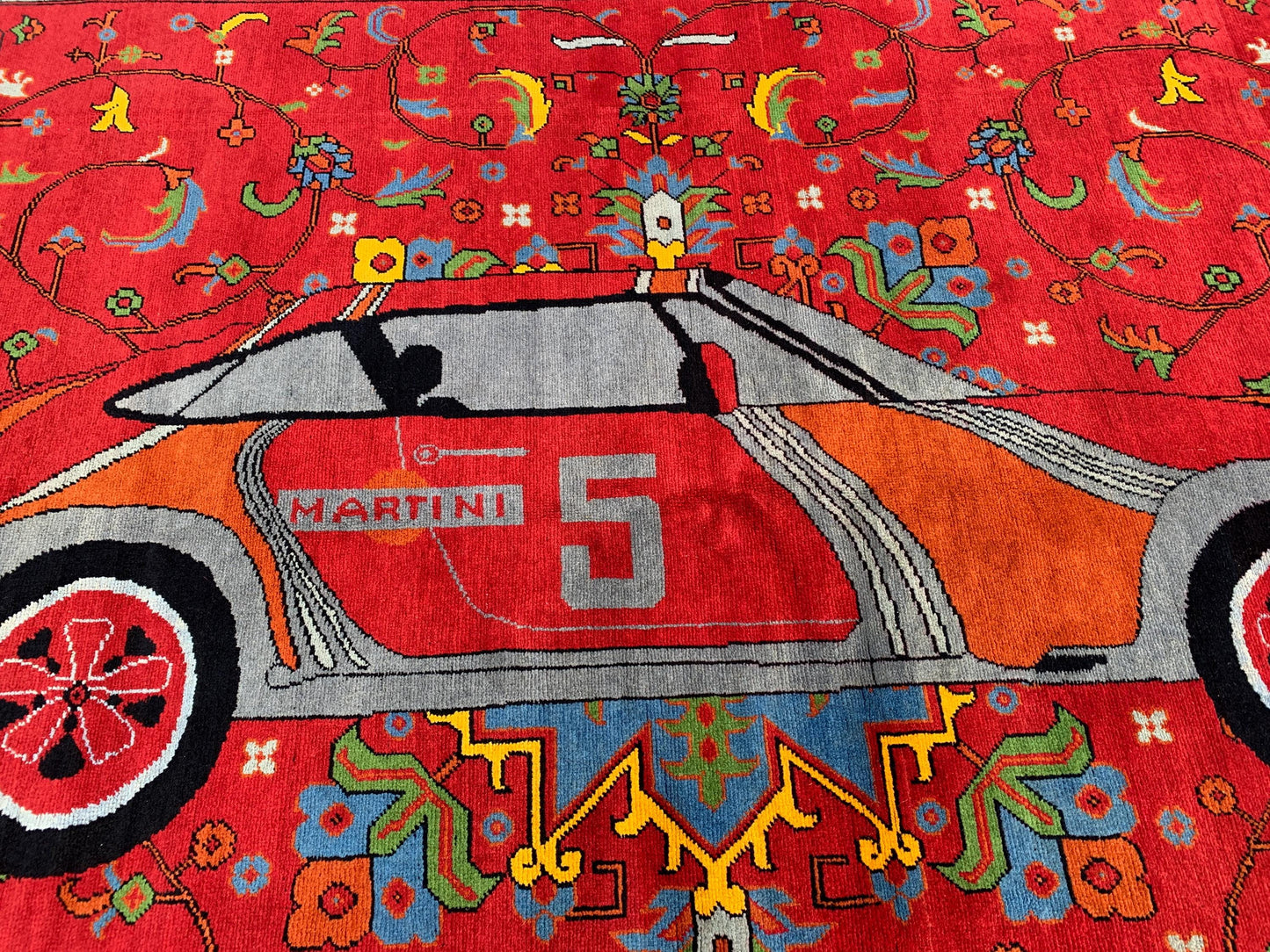 New Red Pictorial Rug 7x10 Handmade Afghan Wool Rug Racing Car design Rug Floral Trees Rug Home Decor Rug Living Room Bedroom Car Decor Rug.