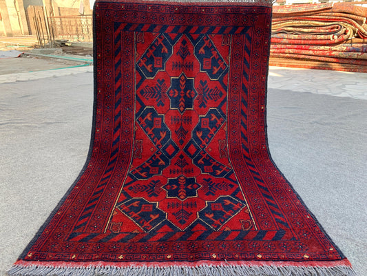 Red Vintage Bukhara Rug 3x4 ft Handmade Afghan Rug Khal Muhammadi design Geometric Rug Tribal Rug Oriental Wool Area Rug Bedroom Kitchen Rug