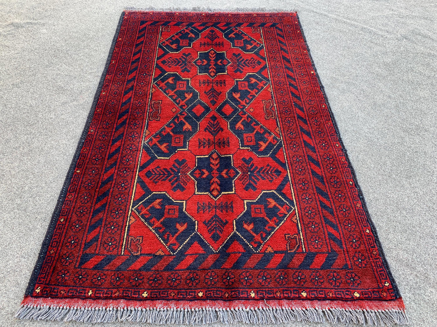 Red Vintage Bukhara Rug 3x4 ft Handmade Afghan Rug Khal Muhammadi design Geometric Rug Tribal Rug Oriental Wool Area Rug Bedroom Kitchen Rug