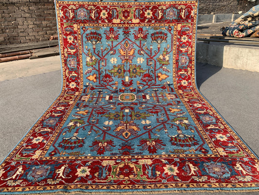 6x9 ft Afghan Handmade Wool Rug Blue Red Chobi Rug Natural dyes Rug Oriental Floral Rug Traditional Turkmen Rug Bedroom Rug Living Room Rug.