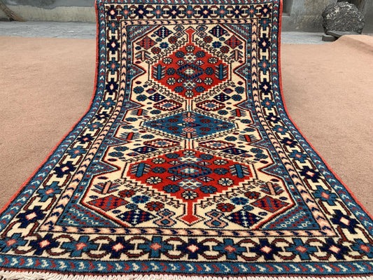 Vintage Geometric Rug 2x4 ft Beige Kazak Rug, Afghan Handmade Wool Rug, Tribal Turkmen Rug Soft Pile Rug Home Decor Rug Kitchen Bedroom Rug.