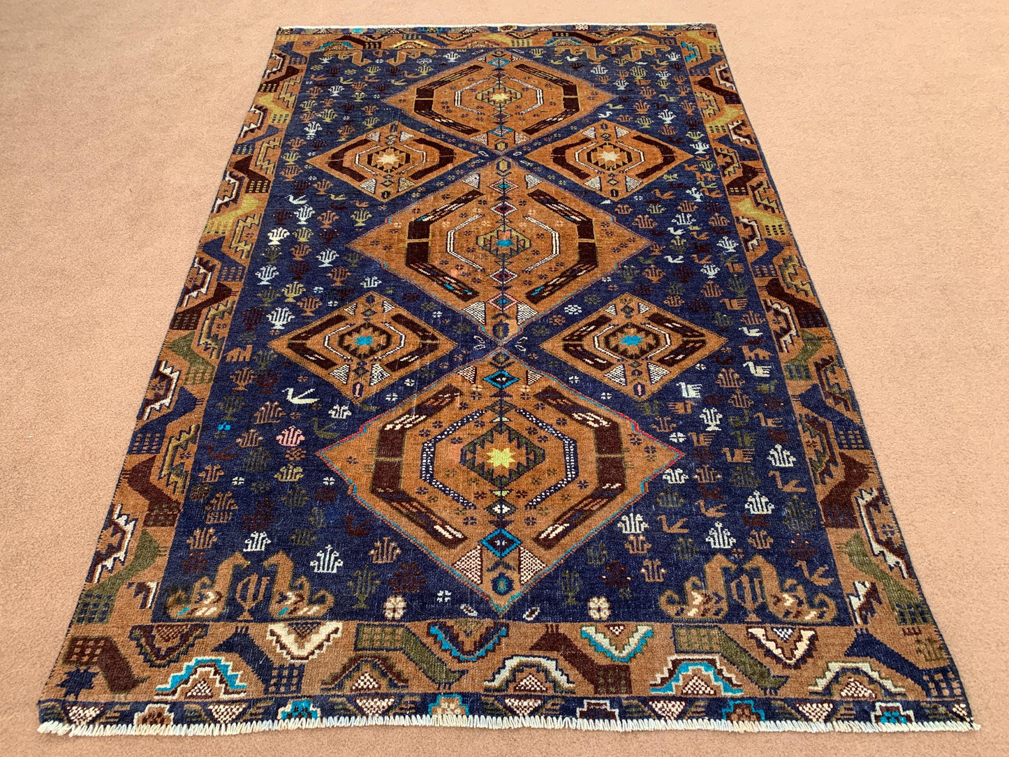 Navy Blue Vintage Rug 3x5 ft Handmade Afghan Rug, Antique Baluchi Rug Pictorial Area Rug, Tribal Wool Rug Oriental Low Pile Rug Bedroom Rug.