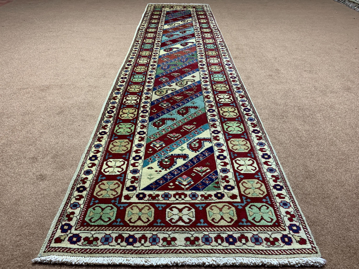 Afghan Runner Rug 2x10 ft Handmade Afghan Rug, Geometric Floral Runner Rug Oriental Wool Rug, Turkmen Tribal Rug Bedroom Hallway Runner Rug.