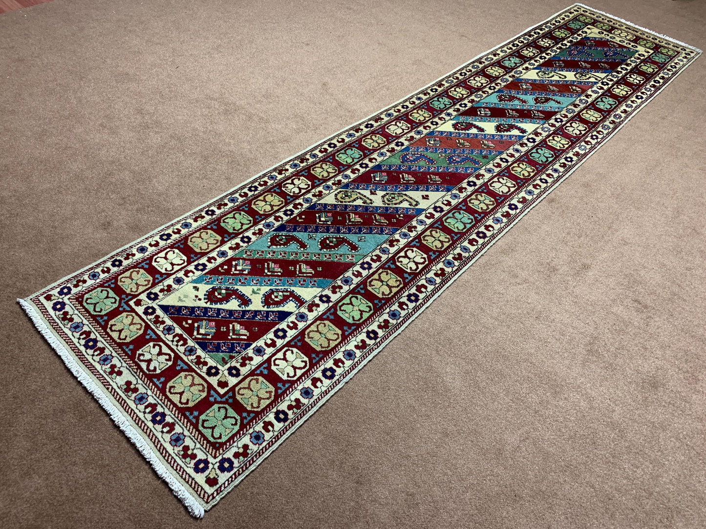 Afghan Runner Rug 2x10 ft Handmade Afghan Rug, Geometric Floral Runner Rug Oriental Wool Rug, Turkmen Tribal Rug Bedroom Hallway Runner Rug.