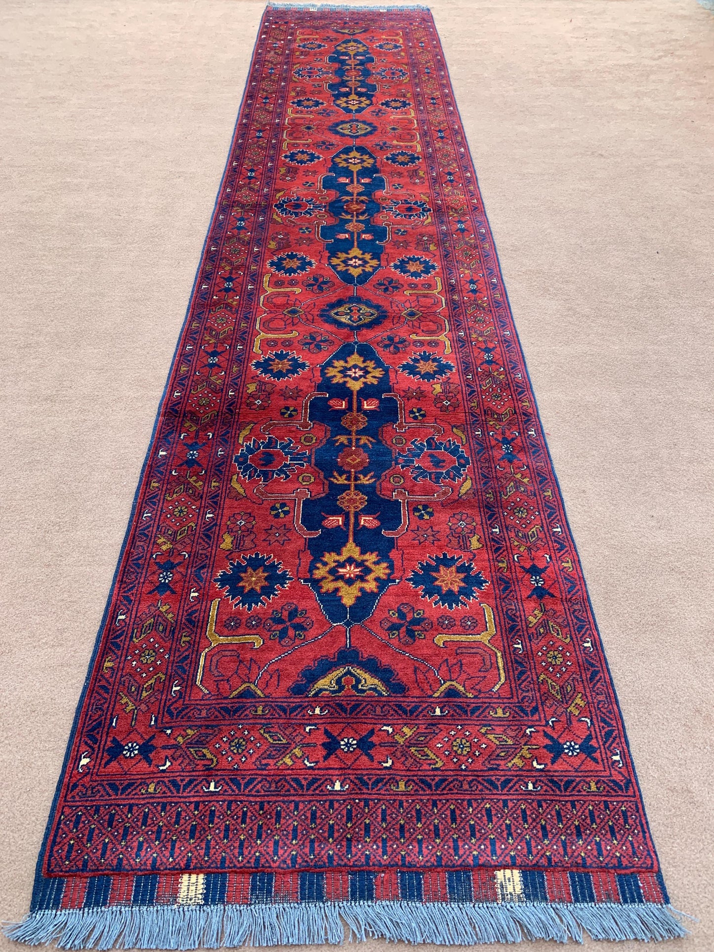 Long Vintage Runner Rug 3x13 ft Afghan Handmade Wool Rug, Bukhara Runner Rug, Oriental Turkmen Rug, Geometric Floral Rug Hallway Runner Rug.